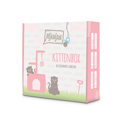 MjAMjAM - Premium Nassfutter für Katzen - Kittenbox - 3x Huhn mit Lachsöl 3x Kalb mit Lachsöl Futterbeutel Kugelschreiber Dosendeckel 6er Pack 6 x 200 g