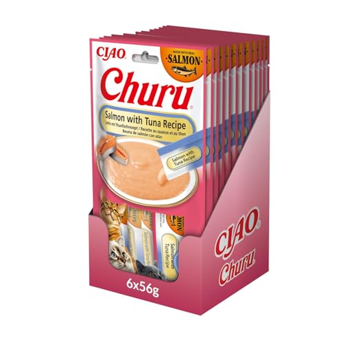 INABA Churu Puree Katzenleckerlis Creamy Snacks Hochwertige Proteine mit Lachs und Thunfisch 56 g 12er Pack Katzensnacks in Premium Qualität