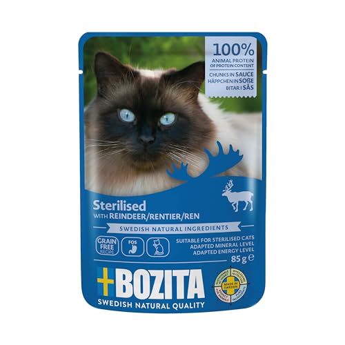 Bozita Sterilised Katzenfutter Rentier Häppchen in Soße im Portionsbeutel Pouch 12x85g Nassfutter für Katzen