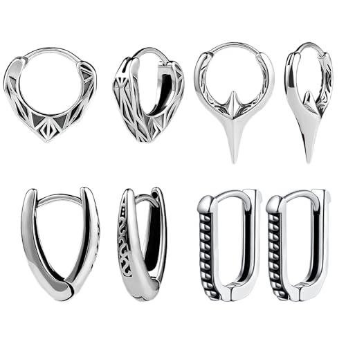 Flongo Unisex Wikinger Ohrringe Creolen 4 Paare Geometrische Dreieck Spitze Rechteck silber Eckig Huggie Ohrstecker Edelstahl Hoop Gothic Ohrschmuck punk earrings Herren Frauen Mädchen Weihnachten