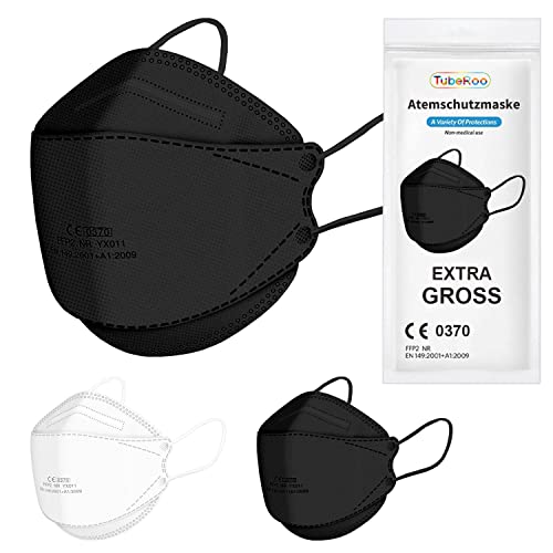 TubeRoo FFP2 Maske großer Kopf Schwarz Fischform 5 Stück Masken CE zertifiziert Versand aus Deutschland weiche Ohrschlaufen Bänder Atemschutzmaske