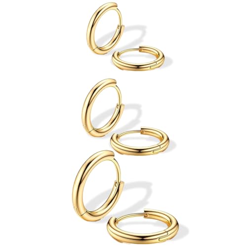 JEYORZY 3 Paar Gold Creolen für Damen Gold Creolen Edelstahl Kleine Hoop Damen Ohrringe Edelstahl Creolen Goldene Creolen Hypoallergen Kleine Ohrringe für Damen Herren Kleine Gold Creolen Ohrringe
