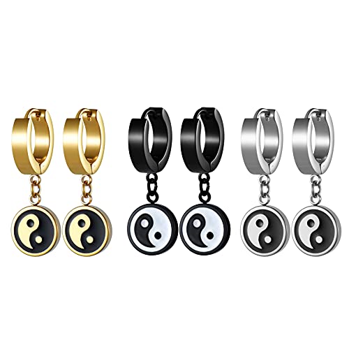Flongo Damen Ohrringe Herren Ohrstecker Gestüt Stecker Creolen Huggie Ohrhänger Silber Gold Schwarz mit hängend Tai Chi Ying Yang Anhänger Biker für Frauen Männer