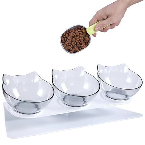 3 Stück Transparente Katzen Futter Futternäpfe mit1 Halterung 1 Löffel 15 Kippbare Anti-Erbrechen Erhöchte Katzennäpfe Futternapf für Katze Welpe Futter und Wasser Kunststoff Haustier Schüsseln