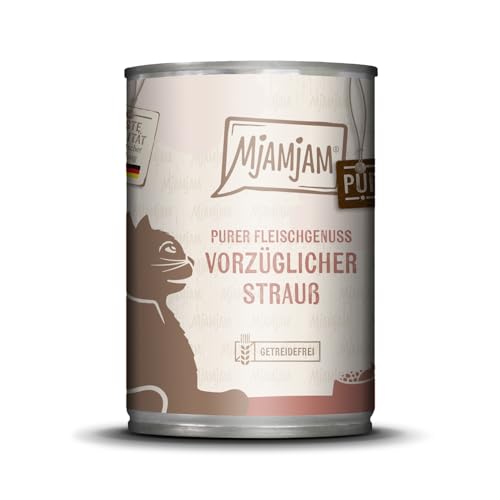 MjAMjAM Premium Nassfutter für Katzen - Purer Fleischgenuss vorzüglicher Strauß pur 1er Pack 1 x 400g getreidefrei mit extra viel Fleisch