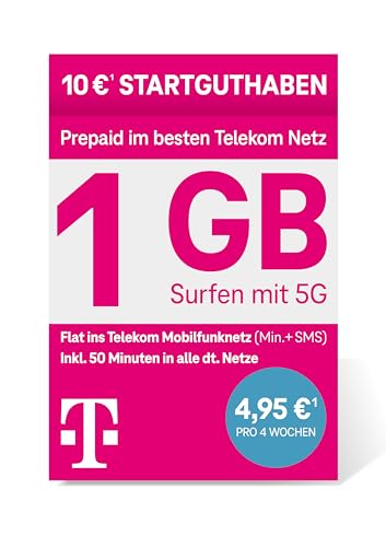 Telekom MagentaMobil Prepaid S SIM-Karte ohne Vertragsbindung 5G inkl. I 1 GB Flat ins Telekom Mobilfunknetz 50 Freiminuten in alle anderen dt. Netze I Surfen mit 5G LTE Max 10 EUR Startguthaben