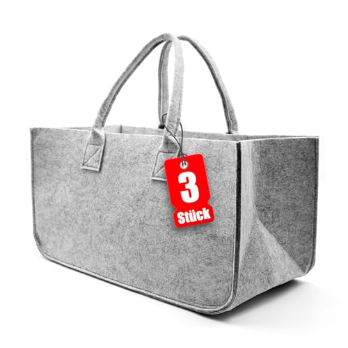 BigDean 3 Stück Filztasche groß in Hellgrau für Kaminholz oder als Shopper verwendbar Kaminholzkorb im leichten kompakten Design faltbarer Holzkorb