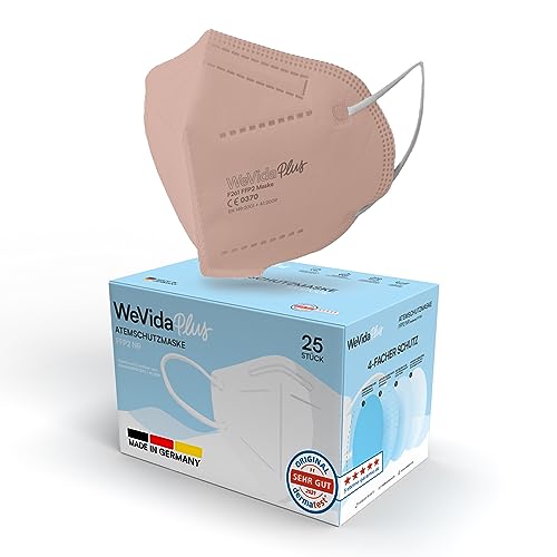 WeVida Plus FFP2 Maske Made in Germany - 25 x einzeln verpackt größere Passform dermatologisch geprüft EU CE zertifizierte Atemschutzmaske nach EN149 2001 A1 2009 CE2841 Altrosa