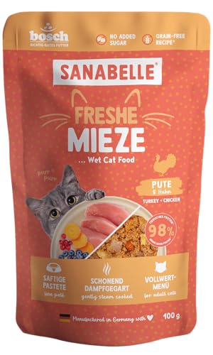 Sanabelle Freshe Mieze - Pute Huhn 100 g Beutel voll recyclingfähig Dampfgegartes Nassfutter für Katzen Katzenfutter wie frisch gekocht Eine Marke von Bosch Tiernahrung