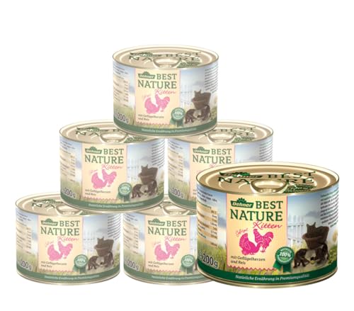 Dehner Best Nature Katzenfutter Kitten Nassfutter für junge Katzen Geflügelherzen Reis 6 x 200 g Dose 1.2 kg