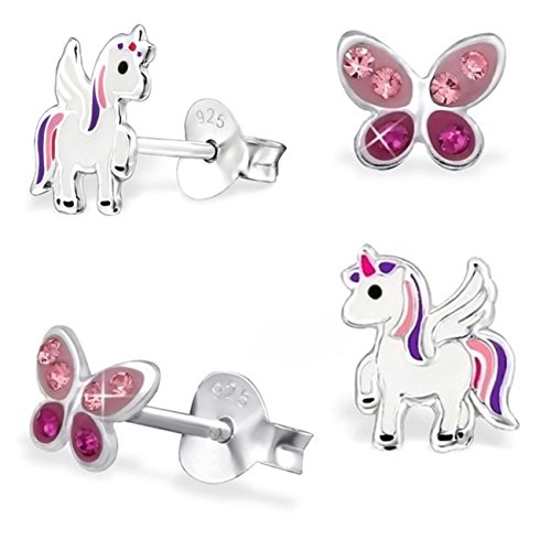 2 Paar Set Mini Ohrstecker Kristall Schmetterling Pegasus Einhorn 925 Echt Silber Mädchen Kinder Ohrringe