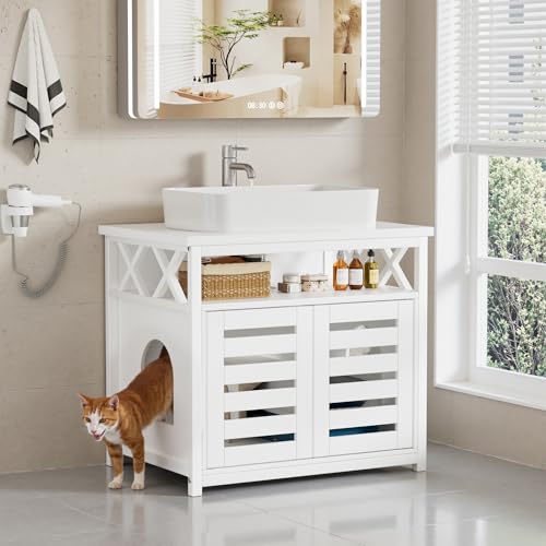 MSFE 2-in-1 Katzenschrank für Katzenklo Waschbeckenunterschrank Katzenmöbel Katzenschrank für Katzentoilette mit 2 Katzentüren Katzenklo 65x45x60cm Keramikspüle Nicht im Lieferumfang enthalten