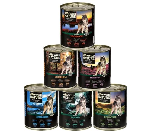 Dehner Wild Nature Hundefutter Probier-Set Nassfutter getreidefrei zuckerfrei für ausgewachsene Hunde Ente Pferd Wild Kaninchen 6 x 800 g Dose 4.8 kg