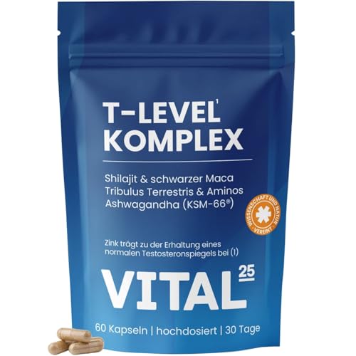 T Level Testosteron   hochdosiert Shilajit Ashwagandha KSM 66 Maca schwarz Bockshornklee Tribulus Bor Aminos   vegan   60 für 30 Tage   Vital25
