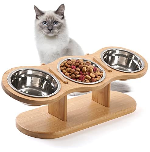 GHIAKQYT Futterstation Katzen 3 Näpfe Erhöht - Katzennapf 3er Set Höhenverstellbar Fressnapf Futterbar mit Holz Ständer Edelstahl Näpfe für Wasser Futter - Futternapf für Katzen kleine Hunde