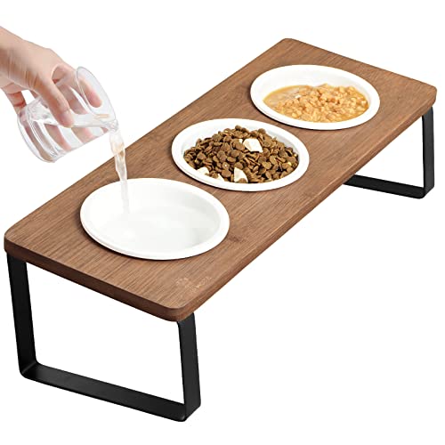 GUUSII HOME Katzennapf Erhöht Futternapf Katze Futterstation Keramik Napf Fressnapf 3er Set Holz Cat Bowl 12cm Ergonomischer Katzennäpfe 3 Teilig Katzenfressnapf