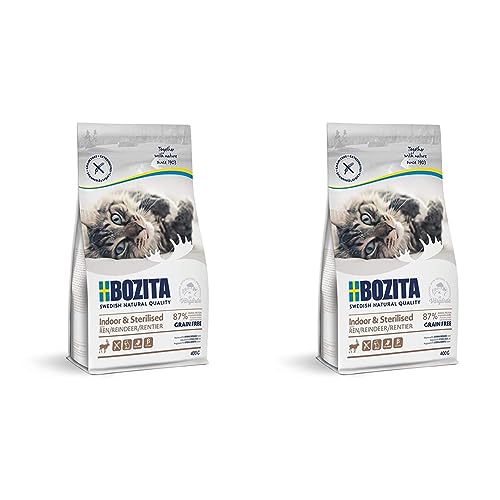 BOZITA Indoor Sterilised Getreidefrei mit Rentier - Trockenfutter für Erwachsene hauptsächlich drinnen lebende Katzen 0.4 kg Packung mit 2