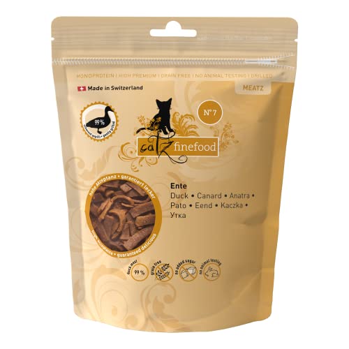 catz finefood Meatz Leckerlies Ente N 7   knusprig gegrillte Streifen aus Entenfleisch   Aloe Vera für die Darmflora   Katzensnack ohne Zucker getreidefrei 45g