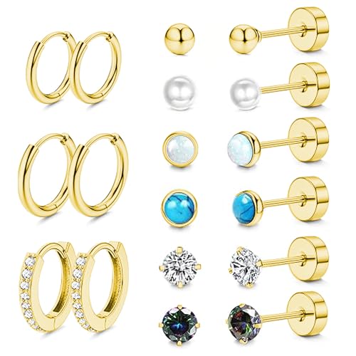 LOFITOR 9Paare für Titanstahl Chirurgenstahl Medizinische Ohrstecker und Klein Set Hypoallergene 14K Vergoldet Tragus Helix Piercings Ohr
