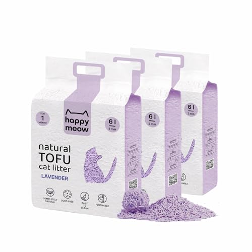 HAPPY MEOW Tofu-Katzenstreu für Katzen 18L 7 5Kg - Natürlich und biologisch abbaubar - Sofort klumpend staubarm langanhaltende Geruchskontrolle ultra absorbierend im Abfluss entleerbar Lavendel