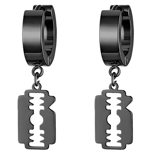 JewelryWe Schmuck Herren Ohrringe Edelstahl Creolen mit Rasierklinge Anhänger Trendy Punk Ohrstecker Ohrhänger Piercing Schwarz