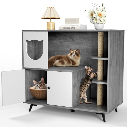 Katzenklo Schrank Katzenschrank für Katzentoilette 98x91x50CM Katzentoilette Schrank mit Kratzbaum Versteckt Katzenkloschrank mit Tür Katzenhaus Katzenhöhle Tragfähigkeit 50 KG Dunkelgrau