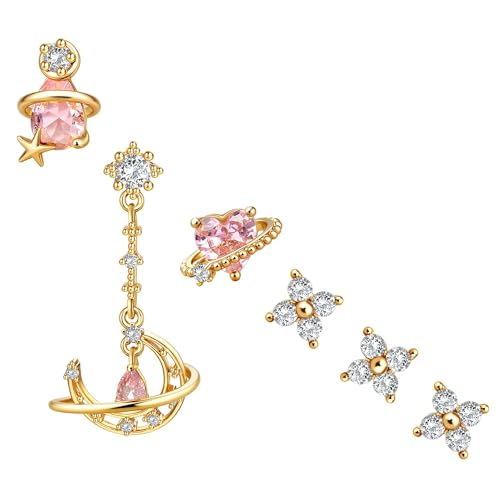 BodyBonita 6 Pcs Ohrringe Silber 925 Set für Damen 18 Karat Vergoldet Pink Herz Kleine Ohrstecker Ohrringe Silber 925 Hängend Stapelbar Zirkonia Ohrstecker Creolen Ohrringe Set für Mehrere Piercings