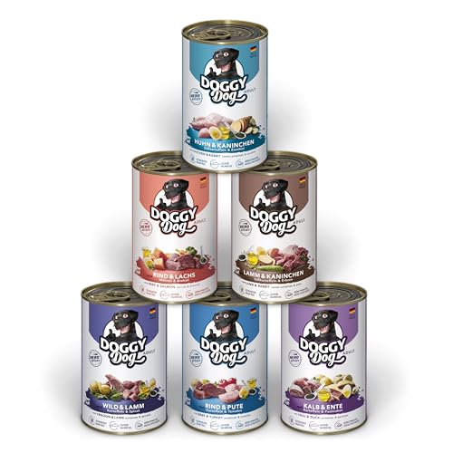 DOGGY Dog Pat Mix 1 6x 400g Nassfutter für im Probierpaket getreidefreies Hundefutter Lachsöl und Grünlippmuschel Alleinfuttermittel hohem Fleischanteil Made in Germany