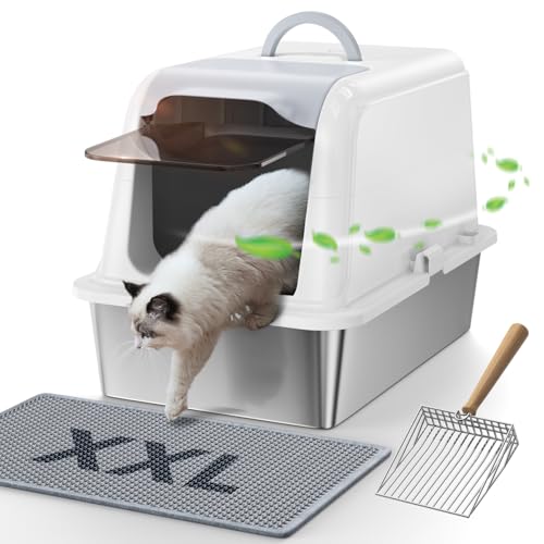 Geschlossene Edelstahl Katzenklo XXL mit Deckel FEELNEEDY Set mit Katzentoilette Katzenstreumatte Schaufel für Katzenstreu Einfache Reinigung Weiß Stainless Steel Cat Litter Box