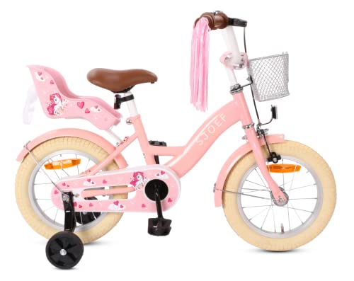 SJOEF Dolly Kinderfahrrad 14 Zoll Kinder Fahrrad für Mädchen Jugend Ab 2-7 Jahren 12-18 Zoll inklusive Stützräder Rosa