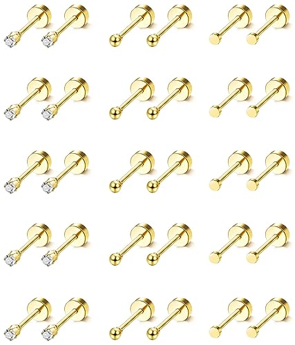 Adramata Winzige Ohrringe Sets für Männer und Frauen Edelstahl Klein Sleeper Knorpel Ohrring Hypoallergen Kleine Creolen 14K Vergoldet Ohrstecker CZ Knorpel Helix Ohrringe Piercing Ohr 20G AG