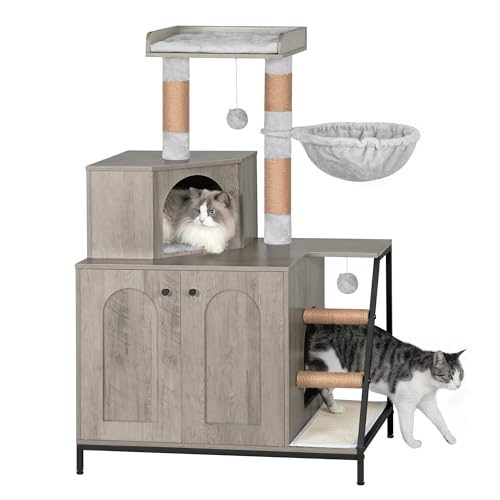 Hzuaneri Kratzbaum mit Katzenklo-Schrank Katzenschrank 4-in-1 Modernes Katzenhaus mit Großer Plattform Katzenhaus mit Sisal-Kratzmatte Pfosten Treppe und Pompom Waschbare Kissen Greige CB81005B