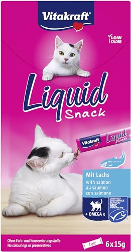 Vitakraft Liquid Snack Katzensnack flüssig mit MSC-Lachs Katzenleckerlies mit Omega3 Fettsäuren für gesunde Haut kalorienarm 1x 6 Stück Packung mit 10
