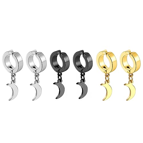 Flongo 3 Paare Creolen Ohrklemme Set mit Mond moon Anhänger silber gold schwarz Hoop Ohrringe Ohne Loch edelstahl non-piercing ohrklipp ear clips klipp clip klein earrings für Damen Herren mädchen