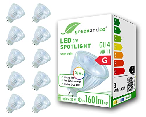 10x greenandco CRI 90 LED Spot ersetzt 20W GU4 MR11 Strahler MCOB 3W 160lm 3000K warmweiß 38 12V AC DC flimmerfrei nicht dimmbar 2 Jahre Garantie