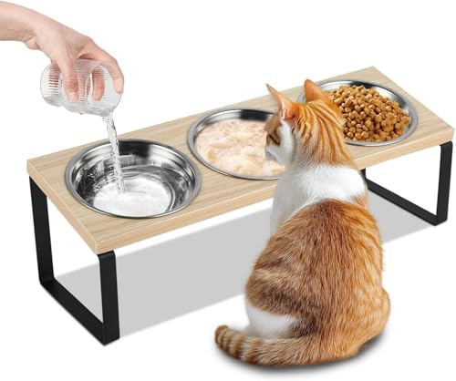  Katzennäpfeöht 15 Gekippte Holz Ständer Ergonomischer Futterstation Edelstahl Näpfe für Wasser Futter Hundenapföht für Kleine