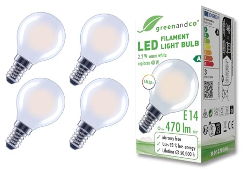 greenandco 4x Glühfaden LED Lampe matt E14 G45 2 2W 470lm ersetzt 40W 2700K warmweiß 320 230V flimmerfrei Energieeffizienzklasse A nicht dimmbar