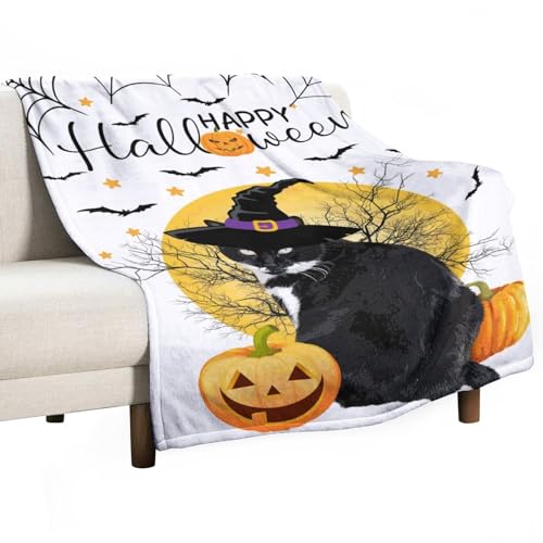 CustonCares Happy Halloween Schwarze Katze Hexenhut Fleece Überwurfdecke 76 2 x 101 6 cm warm leicht Aquarell Tiere Kätzchen Fleece Flanell Decke für Haustierbett Sofa Couch Büro Hochzeit Geschenke