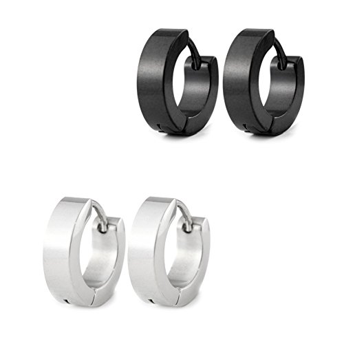 2 Paar 4 Stück Ohrringe Schwarz und Silber. Damen und Herren Edelstahl Klapp-Creolen 4mm breit - 13mm Durchmesser