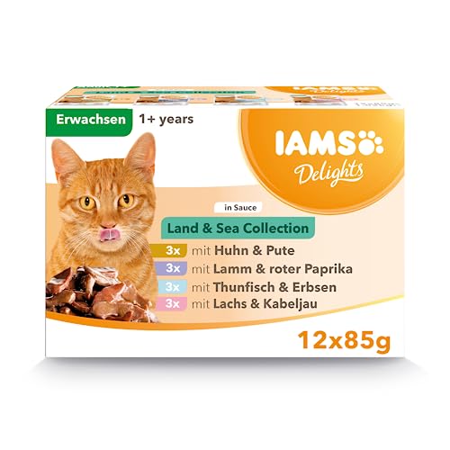 IAMS Delights Land Sea Collection Katzenfutter Nass - Multipack mit Fleisch und Fisch Sorten in Sauce Nassfutter für Katzen ab 1 Jahr 12 x 85 g