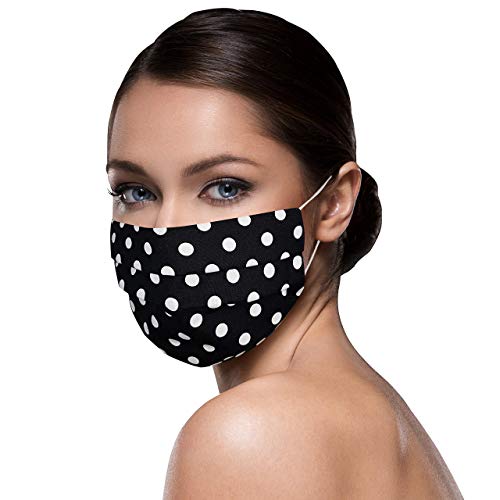 Unisex schwarze Stoffmasken Mundschutz Maske Stoff 100% Baumwolle Mund Nasen Schutzmaske mit Motiv Mund und Nasenschutz Maske waschbar SCHWARZ große Punkte