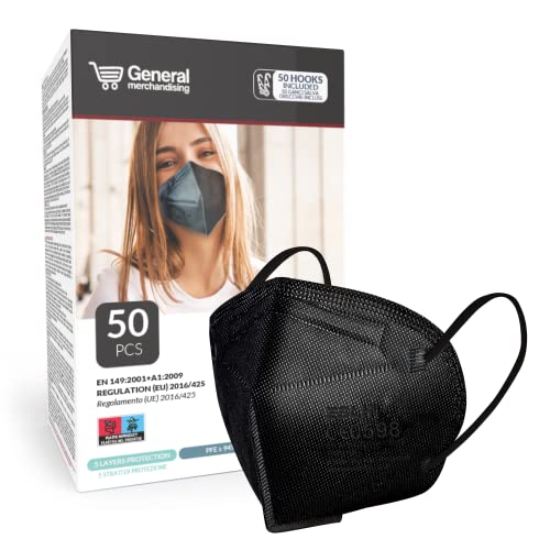 general merchandising Schwarze 50 Stück FFP2-Masken Zertifiziert CE 0598 FFP2 Maske Schwarz 50 Stück einzeln versiegelt 5 Schutzschichten PFE 99% - mit 50 Ohrhaken