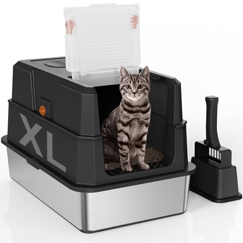 SZEE XL Edelsthal 180 Klappdeckel Geschlossene Edelstahl Deckel Stainless Steel Cat Litter Box with Scoop 59x38x38cm Schwarz