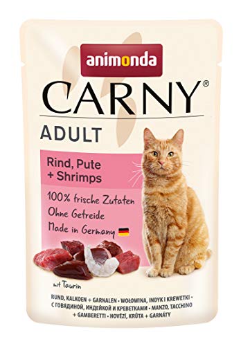 Carny Katzenfutter nass Pouch Rind Pute Shrimps 12x85g Katzen Nassfutter ohne Getreide und Zucker für ausgewachsene Katzen von animonda mit frischen fleischlichen Zutaten praktische Portionsbeutel