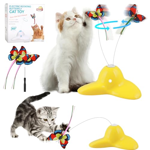Binggunyo Interaktives Katzenspielzeug mit 2 Schmetterling Federspielzeug Katze Spielzeug Katzenspielzeug Elektrisch Katzen Intelligenz Katzen für Langsam Fütterung Training Nahrungsuche huangse