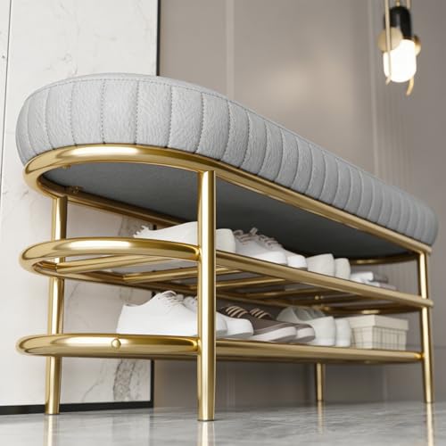 Lsoiup 2-stufiges Schuhregal aus Metall gepolsterter Sitz aus PU-Leder Schwarze Schuhaufbewahrungsbank Organizer-Regal for den Eingangsbereich den Flur platzsparend Grey L 120CM