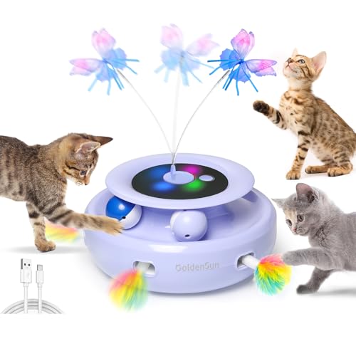 GoldenSun 3 in 1 Interaktives Katzenspielzeug Elektrisch Automatischer für Whack A Mole Fluttering Butterfly inklusive Ball USB Wiederaufladbar Teaser mit 4 Aufsätzen