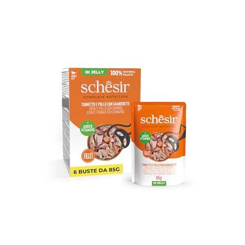 Schesir Thunfisch und Hühnchen mit Garnelen in Gelee komplettes Nassfutter für Katzen im Beutel 100% natürliche Inhaltsstoffe tierversuchsfrei 6 x 85 g