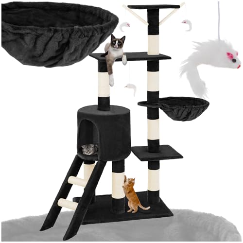 tectake Kratzbaum Katzenbaum für Katzen Kratzbaum mittel groß mit Sisalstangen Höhle und Treppe Katzenhaus 144 cm hoch Kletterbaum für Katzen Spielbaum für Katzen - schwarz
