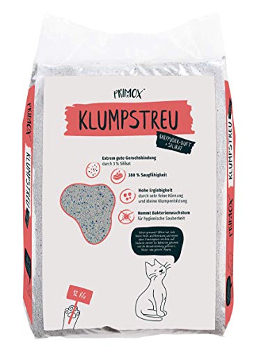 PRIMOX Katzenstreu mit Babypuder-Duft 3% Silikat 380% Saugfähigkeit I Optimale Geruchsbindung Hohe Ergiebigkeit Feine Klumpenbildung Hygiene Frische